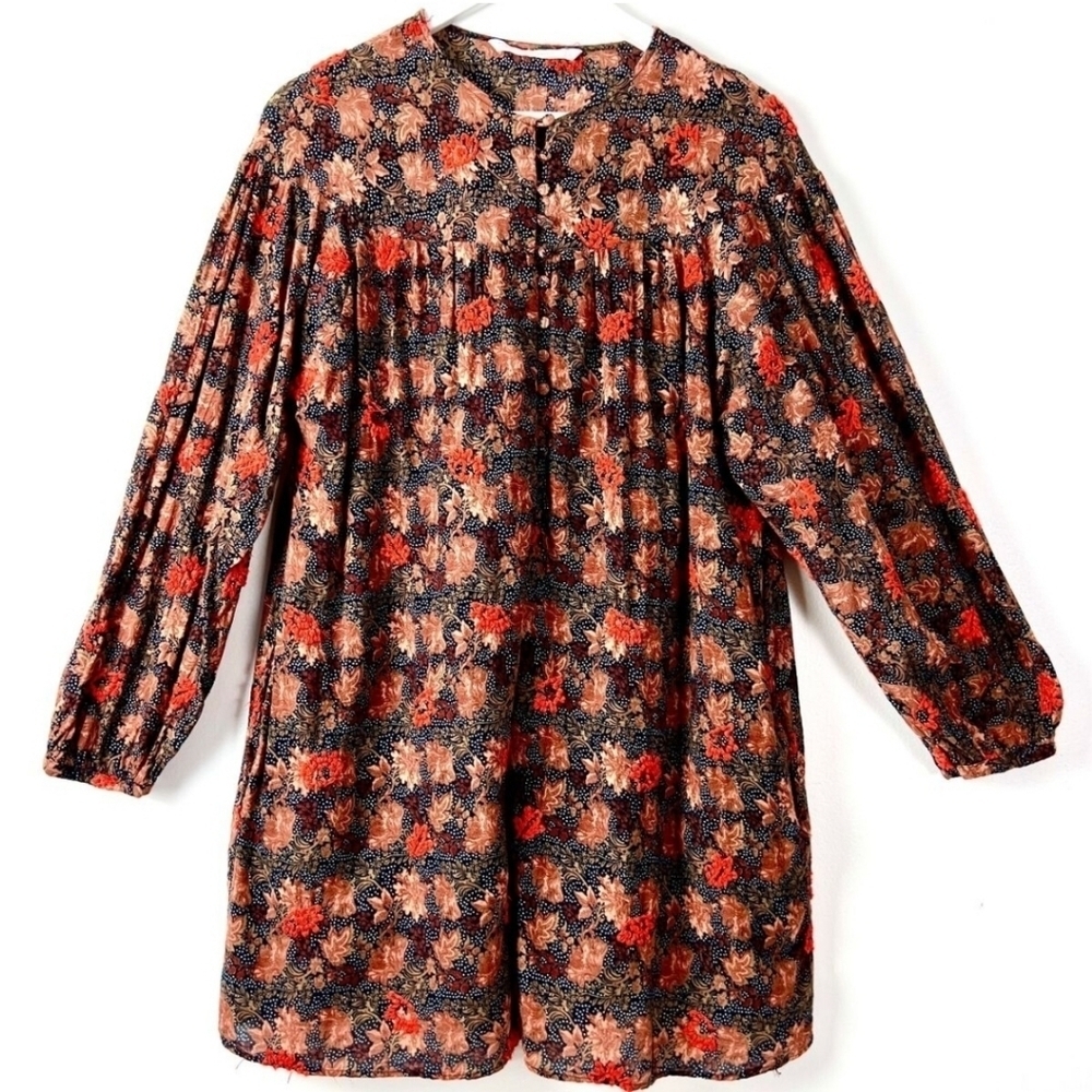 Zara Trafaluc Embroidered Floral Foliage pattern Longsleeve Dress Peasant Boho M